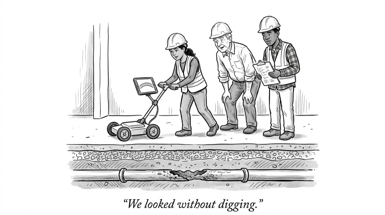 A technician pushes a ground-penetrating radar cart over a concrete slab with a corroded pipe drawn beneath